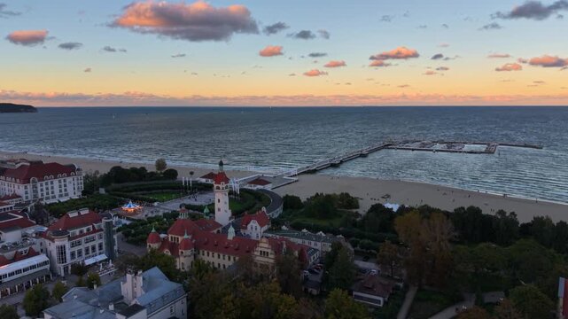 Beautiful architecture of Sopot city by the Baltic Sea at sunset, Poland.