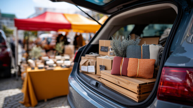 Professional running side business from car trunk at outdoor market, displaying products with handwritten price tags under colorful canopy, ideal for hustle culture, entrepreneursh