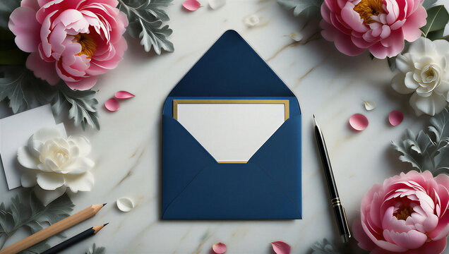 Sobre azul abierto con tarjeta dorada rodeado de peon&iacute;as rosas, flores blancas y plumas sobre m&aacute;rmol claro en una elegante composici&oacute;n de dise&ntilde;o.
