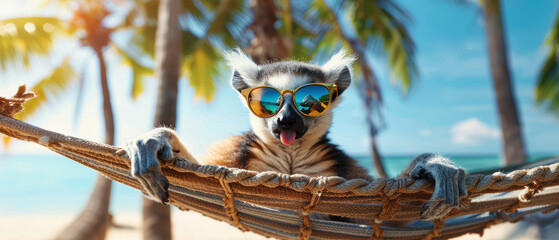 Fototapeta premium cool lemur relaxing in hammock with sunglasses, tropical beach vacation humor concept