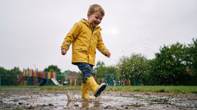 Young boy jumping in muddy puddle at playground during rainy day