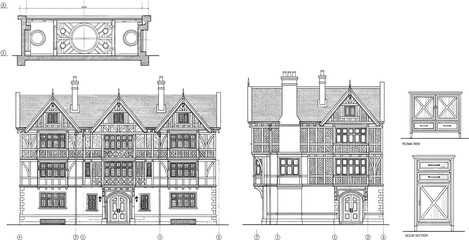 Obraz premium Historic Half Timbered House Architectural Elevation Vector Illustration Showing Traditional European Residential Facade Technical Drawing Design Blueprint Concept