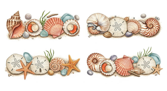 Watercolor seashell border set with starfish sand dollar coastal marine illustration collection