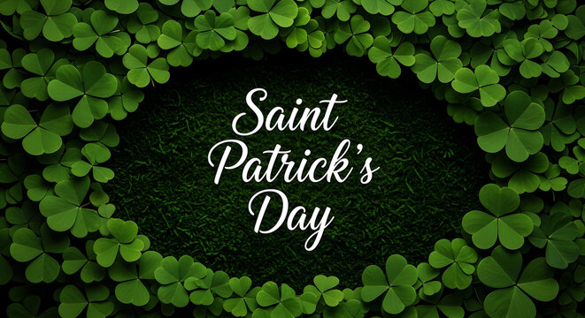 A Saint Patrick's Day celebration with a wreath of green clover leaves and white text on a dark background