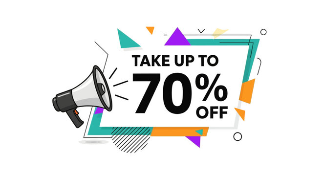 Megaphone Announcing Up To 70% Off Sale, Promotional Offer, Discount Announcement
