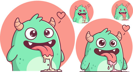 Fototapeta premium Cute monster stickers, cartoon green creatures, emoticon faces, playful illustrations, vector icons