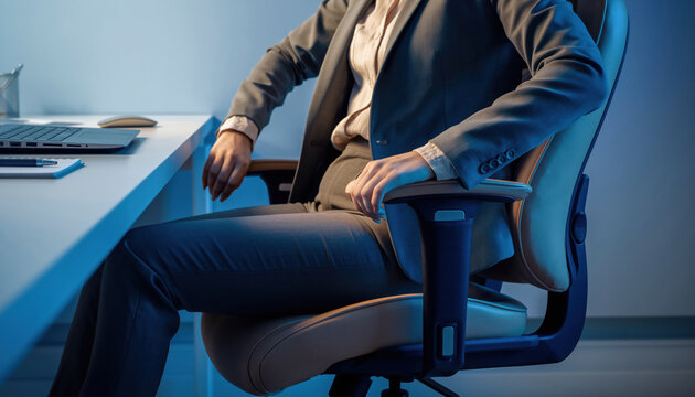 Close up of mindful businesswoman adjusting posture with supportive ergonomic chair taking care of lower back health sitting comfortably at modern office desk working late