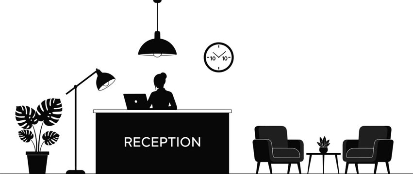 Technical architectural floor plan of a circular amphitheater combined with a black silhouette of a modern office reception area with furniture vector illustration