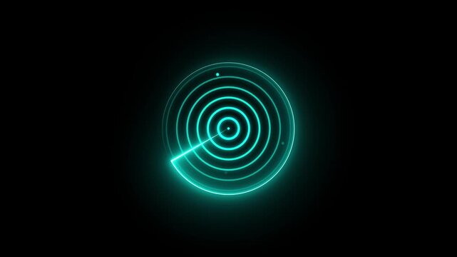 Digital radar screen with glowing blue rings and a sweeping line on black background, 4K