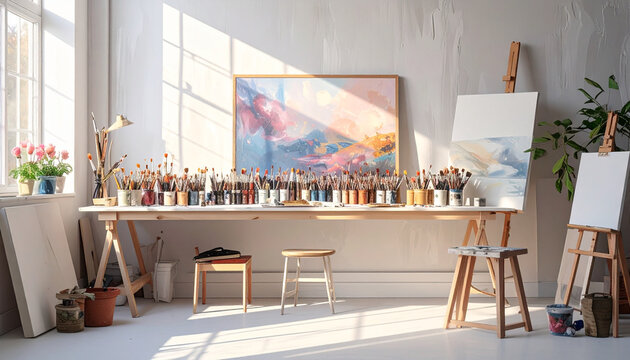 Art studio with brushes and paintings