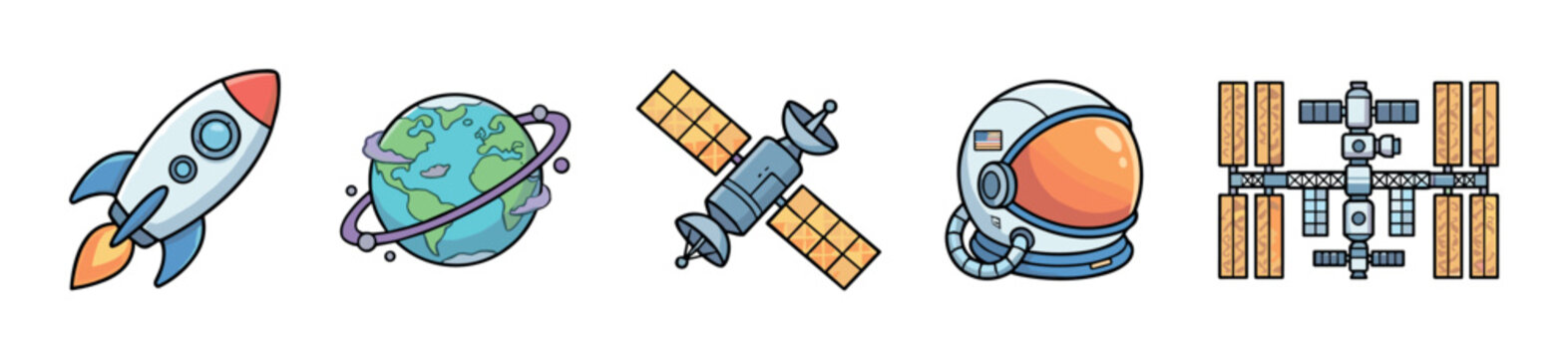 Space elements cartoon icons set featuring a rocket, Earth, satellite, astronaut helmet, and space station for exploration themes.
