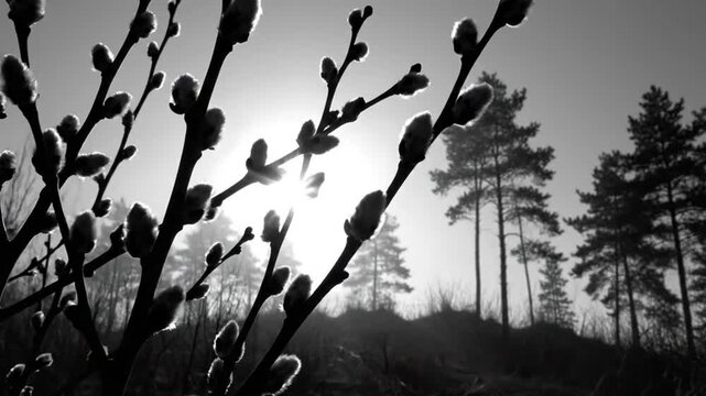 Black and white view of pussy willow branches in springtime with sun shining through the trees