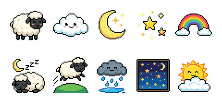 Cute pixel art icons featuring sheep, clouds, sun, moon, stars, and a rainbow, representing various weather conditions and dreamlike scenes.
