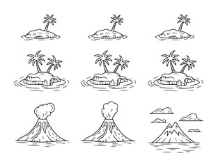 Tropical island and volcano in doodle style white background palm tree © Ripa_Moni