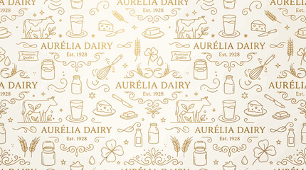 Obraz premium Dairy Farm Branding with Elegant Golden Pattern Featuring Milk, Cheese, and Farm Elements