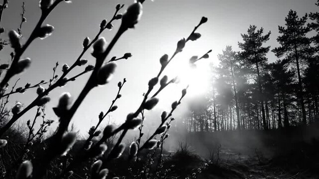 Black and white view of pussy willow branches in the foreground with sunlit forest in the background on a sunny day