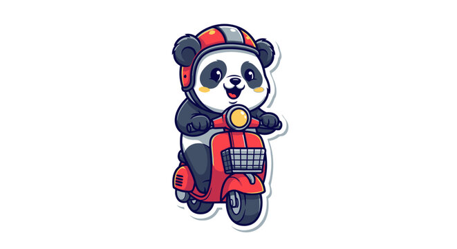 Cute Panda Riding Red Scooter with Helmet, Delivery Service Concept