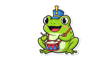 Obraz premium Cartoon Frog Drummer Mascot Playing Drum with Drumsticks, Happy Amphibian Character