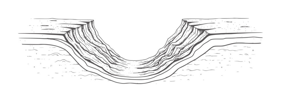 Cross section geological strata showing canyon erosion and rock layers geology