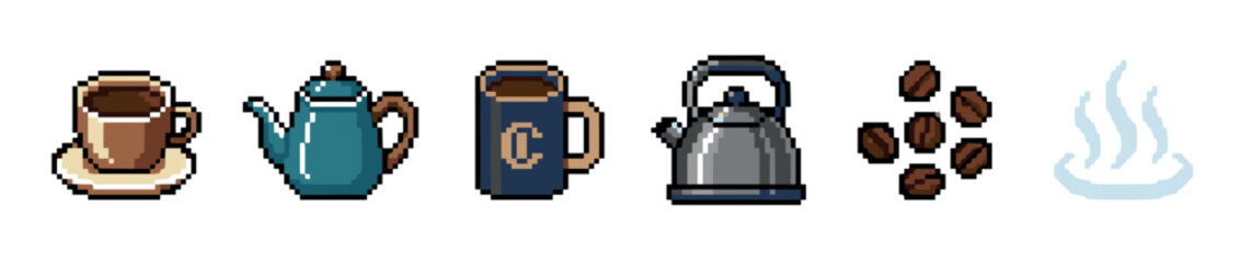 Fototapeta premium Collection of pixel art coffee and tea icons are charmingly displayed in a classic retro video game style, perfect for digital projects.
