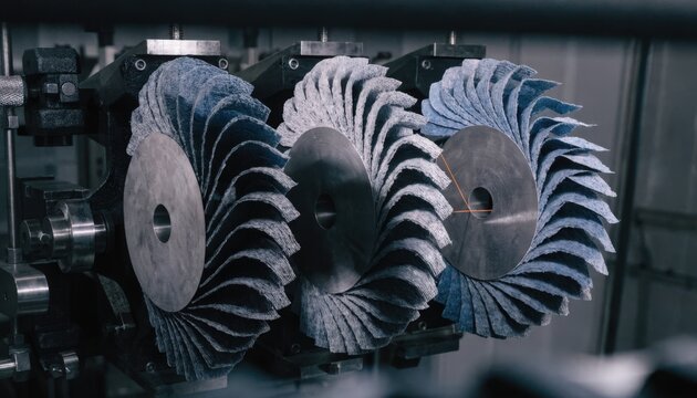 Industrial medium shot showing coated abrasive flaps meticulously layered onto backing plates emphasizing the craftsmanship in highquality flap disc manufacturing.