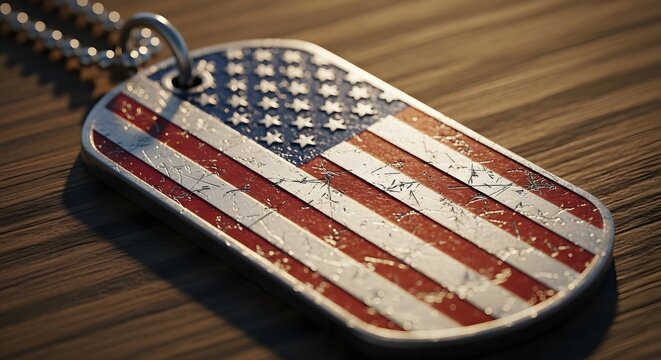 Patriotic independence day tribute close up of a us military dog tag with american flag design