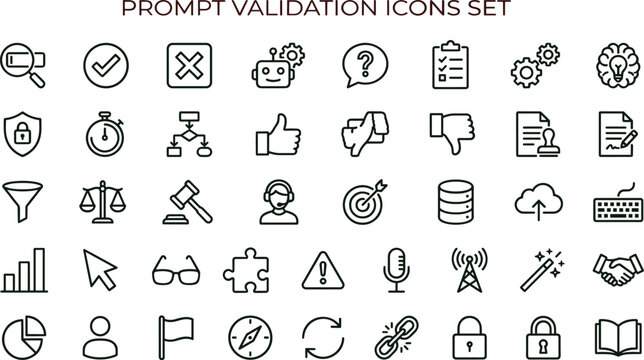 Minimal outline prompt validation workflow icon set collection for verification approval analytics monitoring web mobile interface editable stroke vector symbols