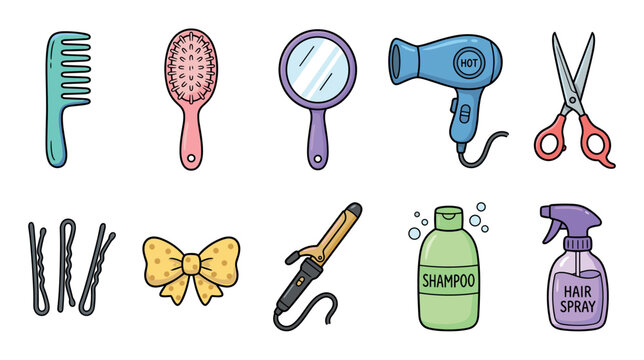 Hair care tools and products collection in cartoon style, showcasing essential items for styling, grooming, and maintaining healthy hair.