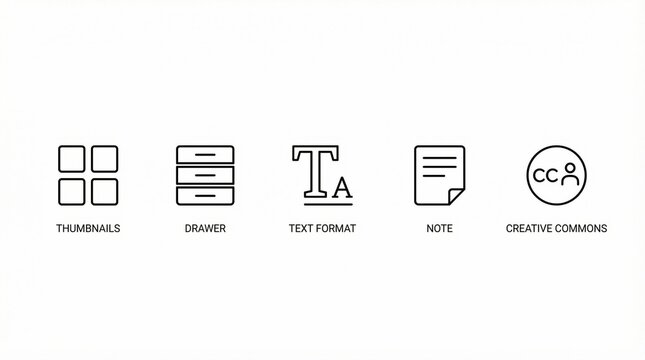 Minimal black icons row, layout grid, storage cabinet, typography tools, document sheet, Creative Commons license, clean digital workspace.