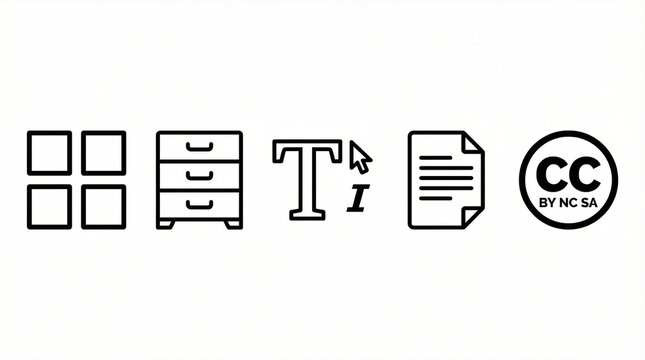 Minimal black icons row, layout grid, storage cabinet, typography tools, document sheet, Creative Commons license, clean digital workspace.