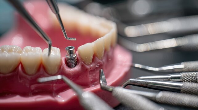 Close medium shot of an overdenture implant analog being inserted into a detailed jaw model with the abutment placement in sharp focus and blurred dental tools surrounding it.