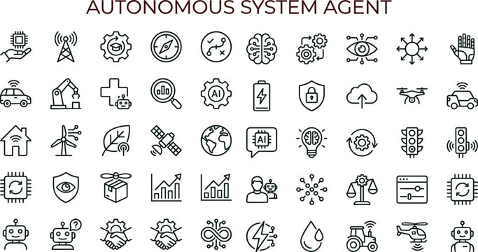 Autonomous system artificial intelligence agent outline icon set for automation analytics robotics dashboards applications interfaces and smart digital control platforms