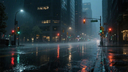 Fototapeta premium A rainy city street at night with tall buildings and traffic lights reflecting off the wet pavement