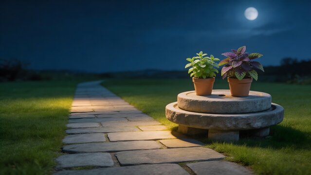 Moonlit garden path with potted plants