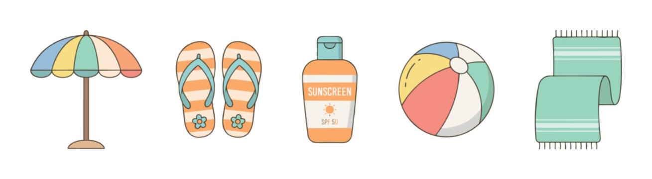 Beach summer vacation items including a colorful umbrella, striped flip-flops, sunscreen, a vibrant beach ball, and a soft towel, representing sunny holiday essentials.