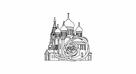Fototapeta premium Ornate building with domed roofs entwined with a blooming rose