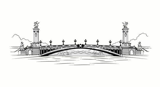 Ornate bridge spans a river with decorative lamps and statues