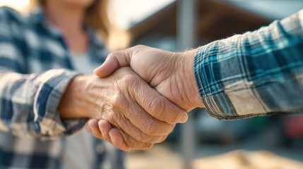 Fototapeta premium Close up of a global brand manager shaking hands with a local farmer on a rural farm to demonstrate a successful community collaboration and sustainable sourcing concept
