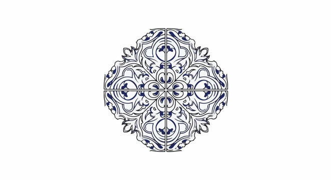 Intricate blue and white ornamental pattern formed by four tiled quadrants