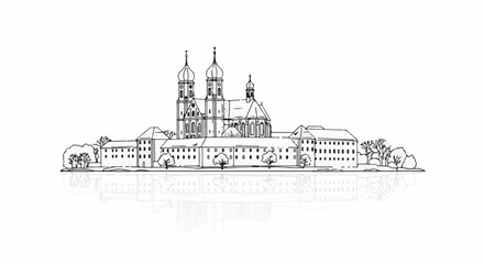 Fototapeta premium Line drawing of an ornate historical building with domes and reflection