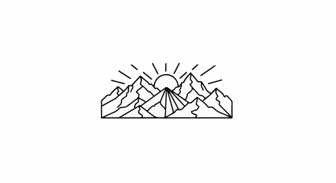 Minimalist line art of a sunrise over jagged mountains