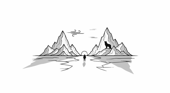 Lone figure faces icy peaks, a wolf surveys from the right