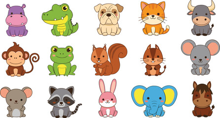 Fototapeta premium Cute Animal Cartoon Icon Set Vector Illustration with Various Baby Animals Characters Collection Isolated on Background for Kids Design