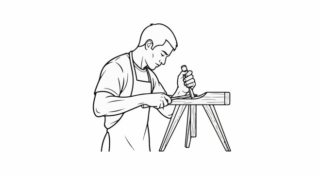 Man carving wood with chisel on workbench