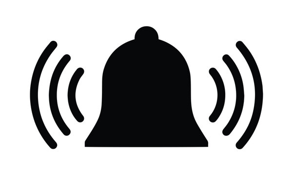 Minimalist bell notification icon vector, black ringing bell silhouette for app alerts, digital alarm and reminder symbol for user interface design