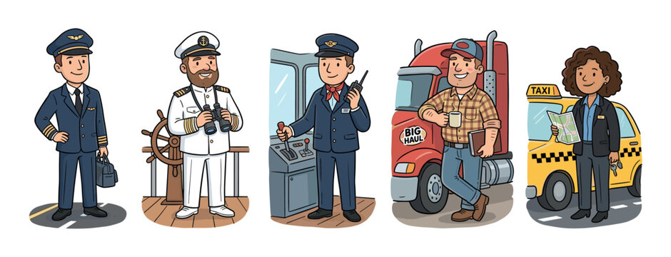 Transportation professions and drivers cartoon character set featuring vector illustrations of an airplane pilot ship captain train engineer semi truck driver and taxi operator isolated on white.