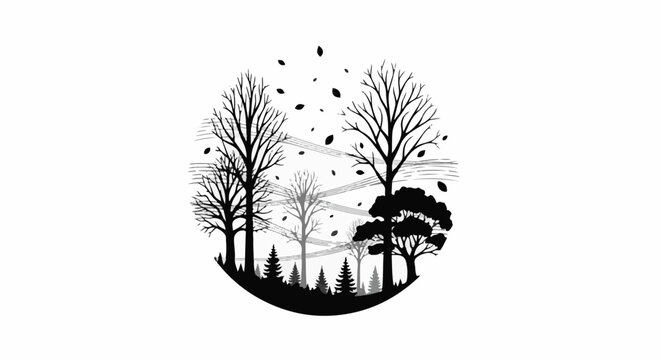 Monochromatic depiction of deciduous trees losing leaves against a backdrop of brushstrokes