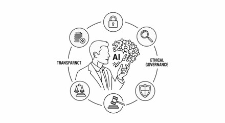 Obraz premium Man with AI brain surrounded by icons representing governance and transparency