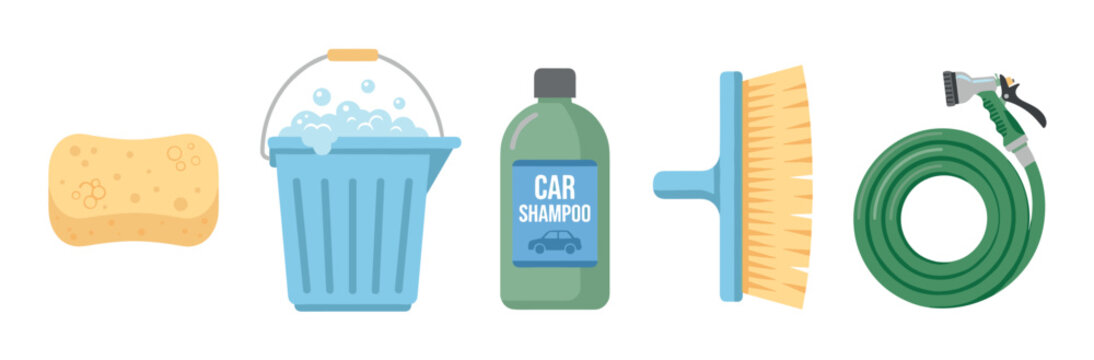 Car wash and cleaning equipment icon set featuring colorful vector illustrations of a yellow sponge soapy water bucket shampoo bottle brush and garden hose isolated on white.