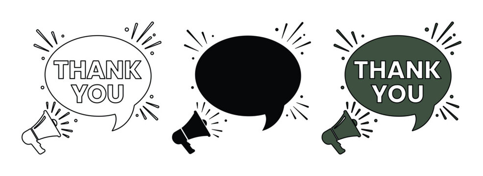 Thank You megaphone speech bubble vector set, comic style shout message icons, flat black and green appreciation labels for marketing